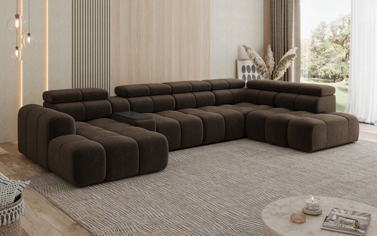 Designer Sofa Wohnlandschaft Mia mit elektrischer Sitzerweiterung in Chenille