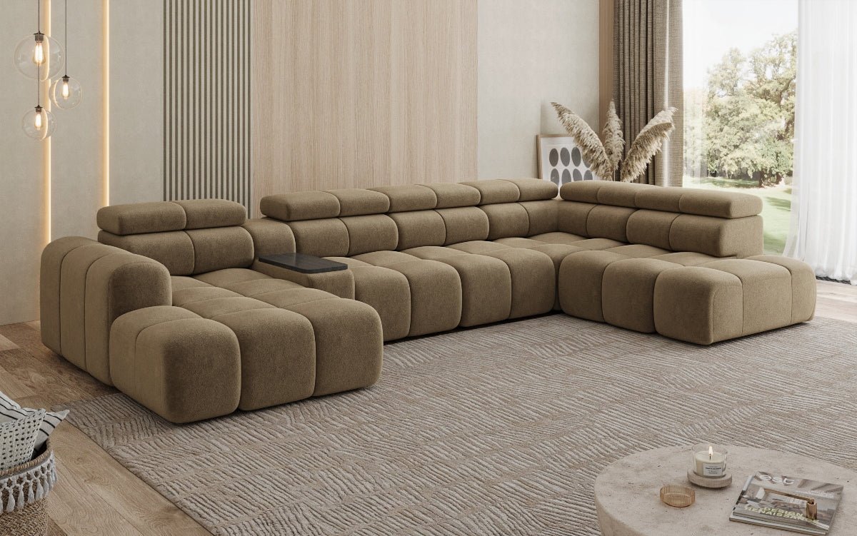 Designer Sofa Wohnlandschaft Mia mit elektrischer Sitzerweiterung in Chenille