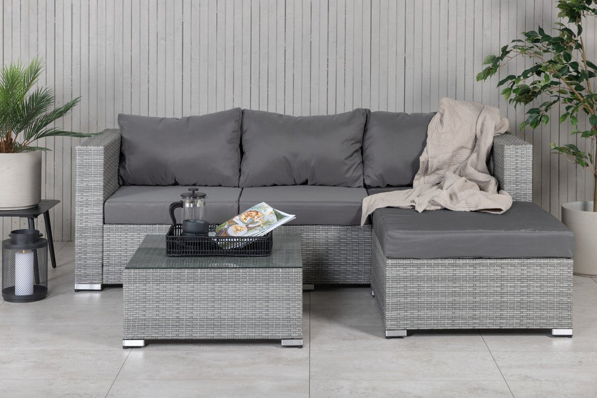Garten Loungeset Amelia – Polyrattan Sofa mit Tisch & Kissen in Grau