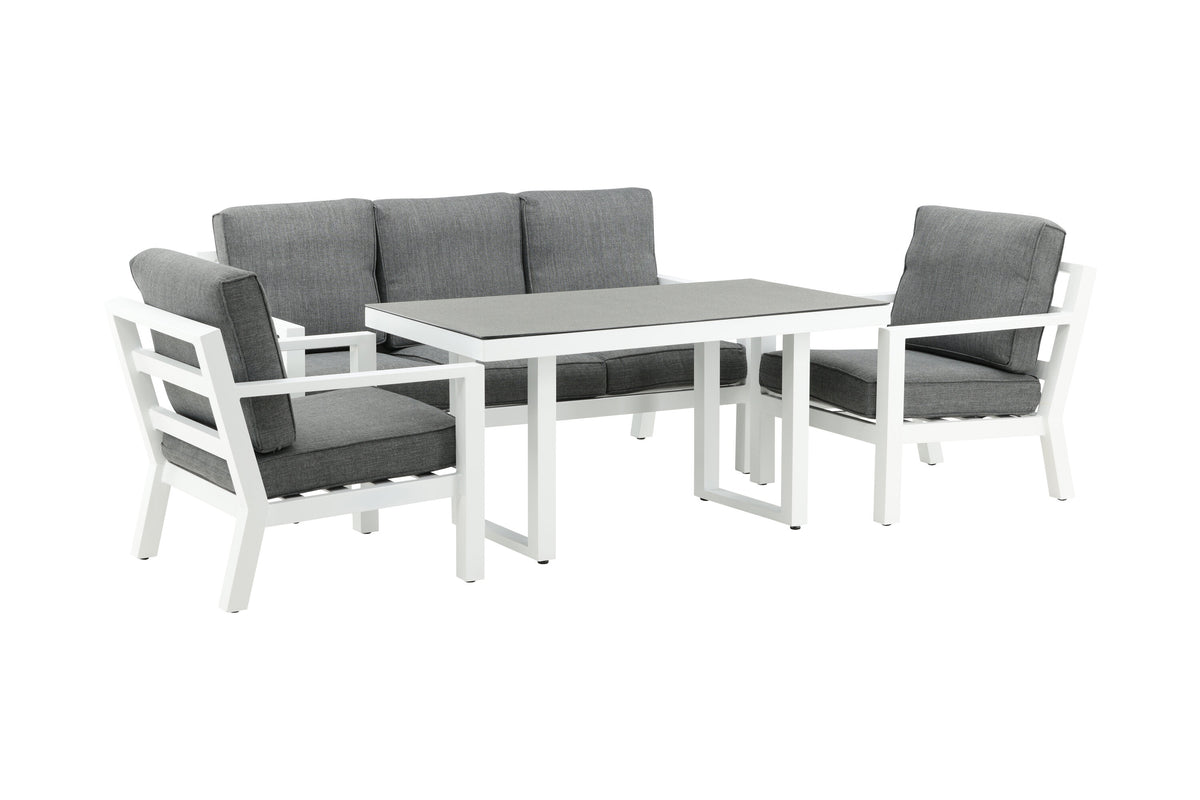 Garten Loungeset Jenni – in Weiß & Grau mit Glasplatte