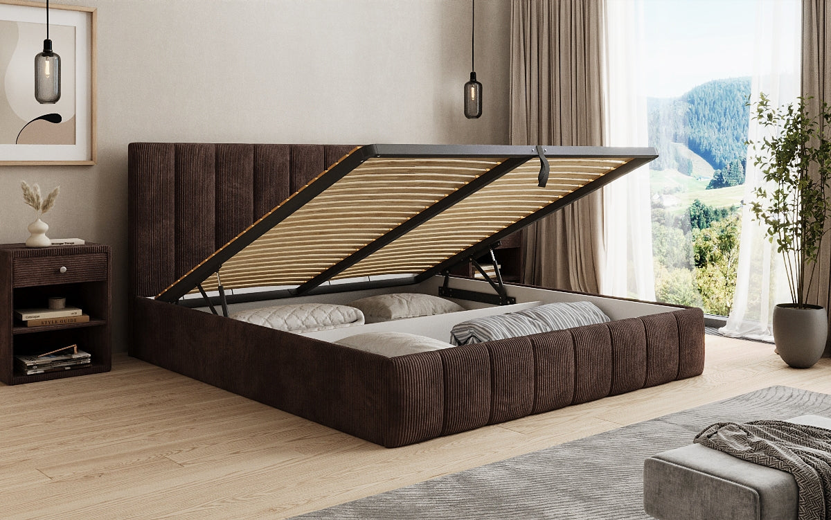 Designer Polsterbett Mila in Cord mit Stauraum