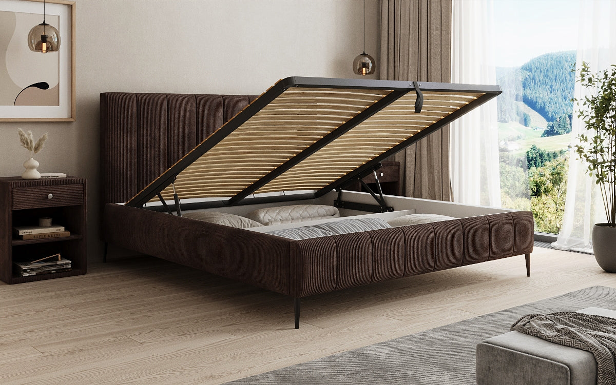 Designer Polsterbett Astrid in Cord mit Stauraum