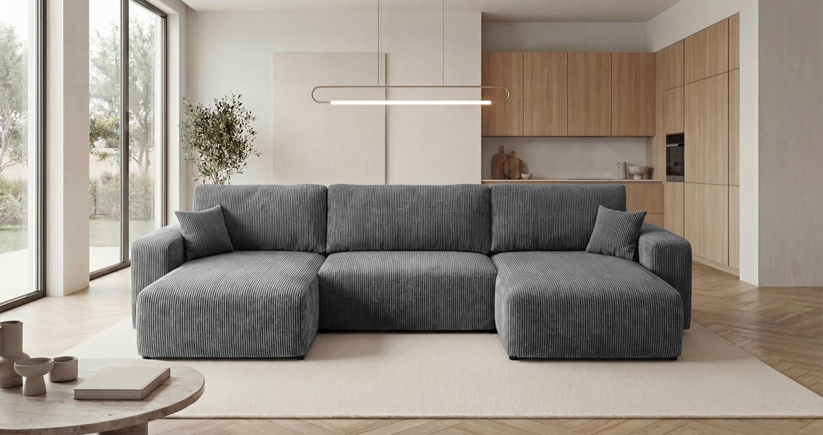 Designer Sofa Noma U mit Schlaffunktion und Stauraum in Cord