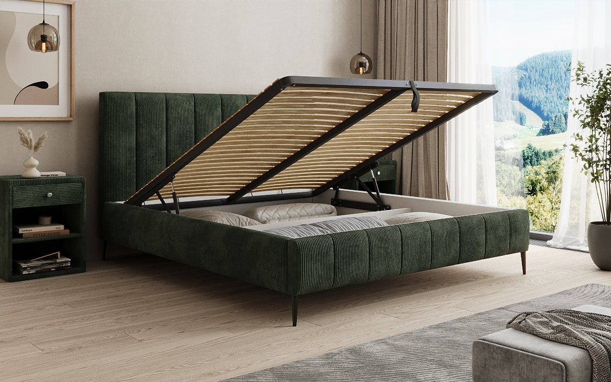 Designer Polsterbett Astrid in Cord mit Stauraum