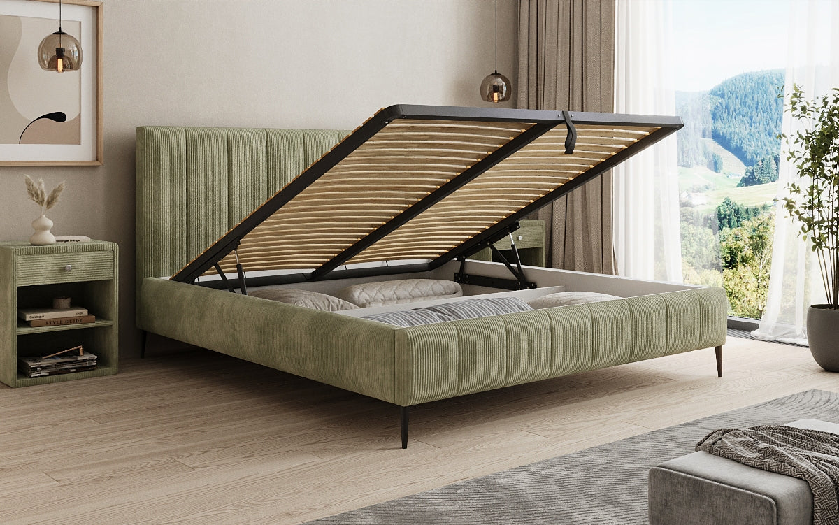 Designer Polsterbett Astrid in Cord mit Stauraum