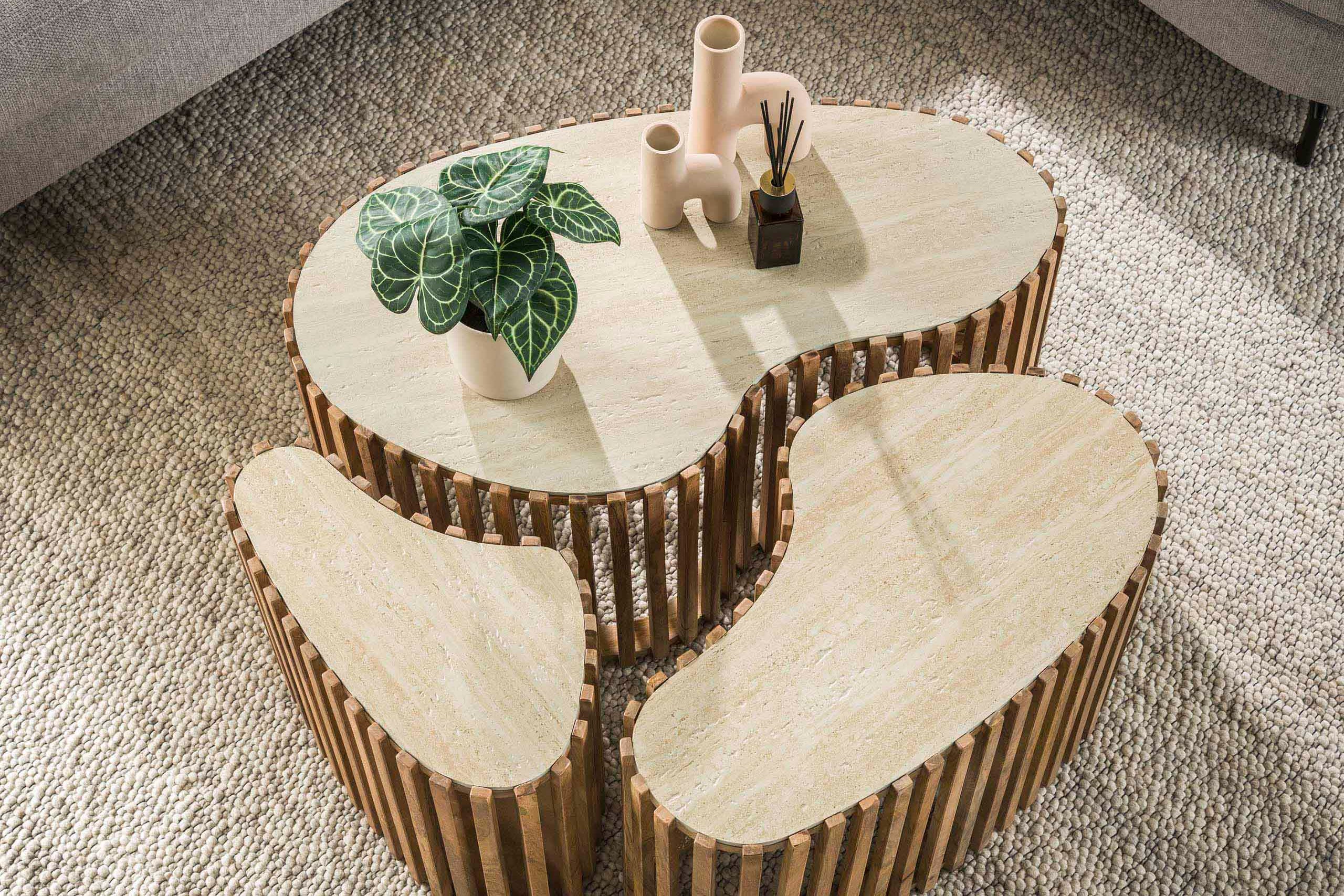 Couchtisch Savara - 3er Set aus Mangoholz mit Keramik-Tischplatte