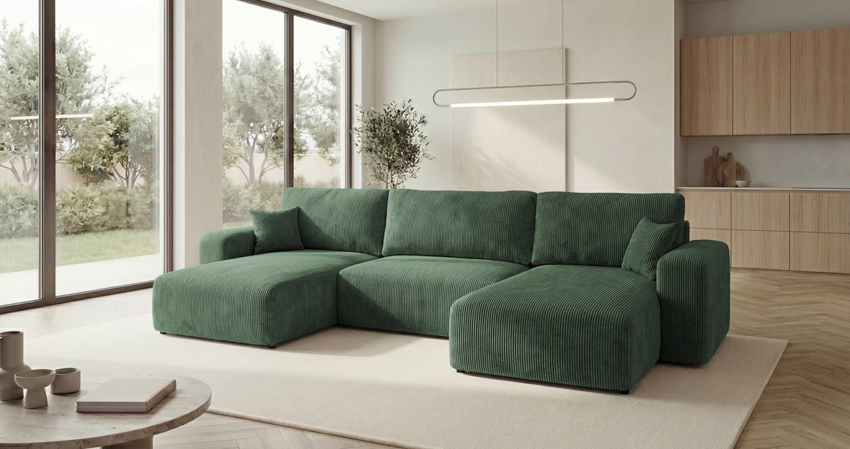 Designer Sofa Noma U mit Schlaffunktion und Stauraum in Cord