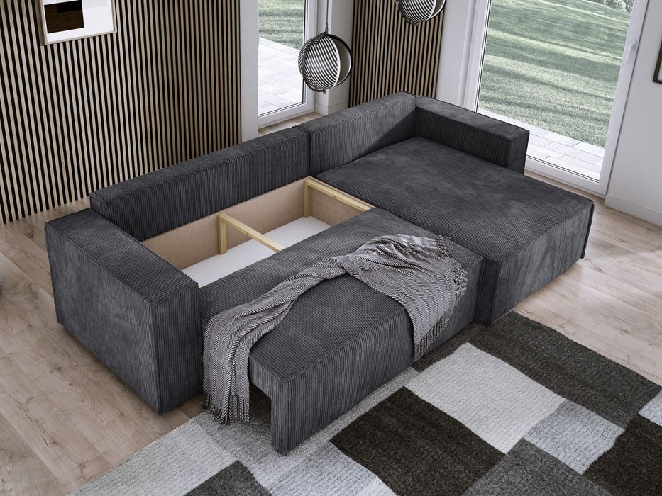 Designer Sofa Velanova mit Schlaffunktion und Stauraum aus Cord