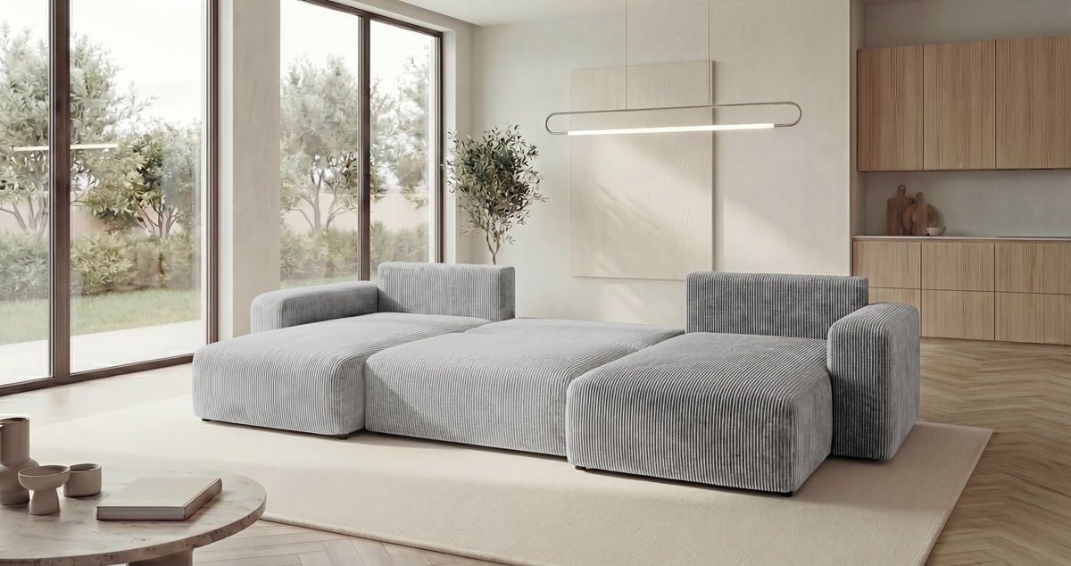 Designer Sofa Noma U mit Schlaffunktion und Stauraum in Cord