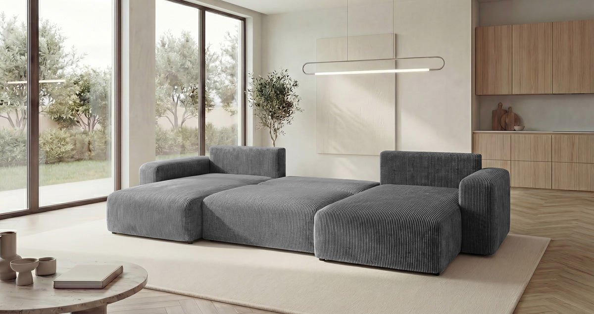 Designer Sofa Noma U mit Schlaffunktion und Stauraum in Cord