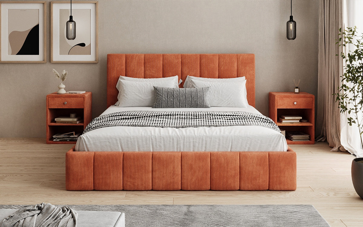 Designer Polsterbett Mila in Cord mit Stauraum