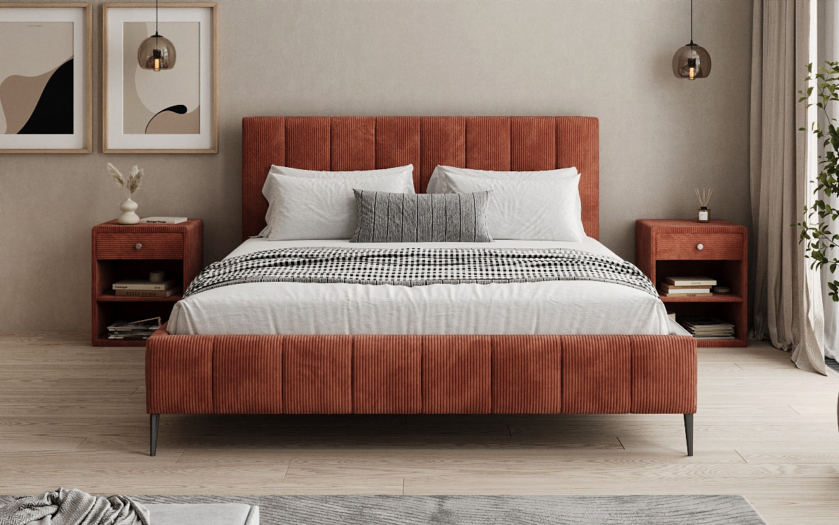 Designer Polsterbett Astrid in Cord mit Stauraum