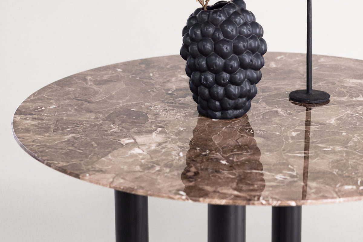 Esstisch Compa - runder Esstisch mit Metallbeinen und brauner Glasplatte