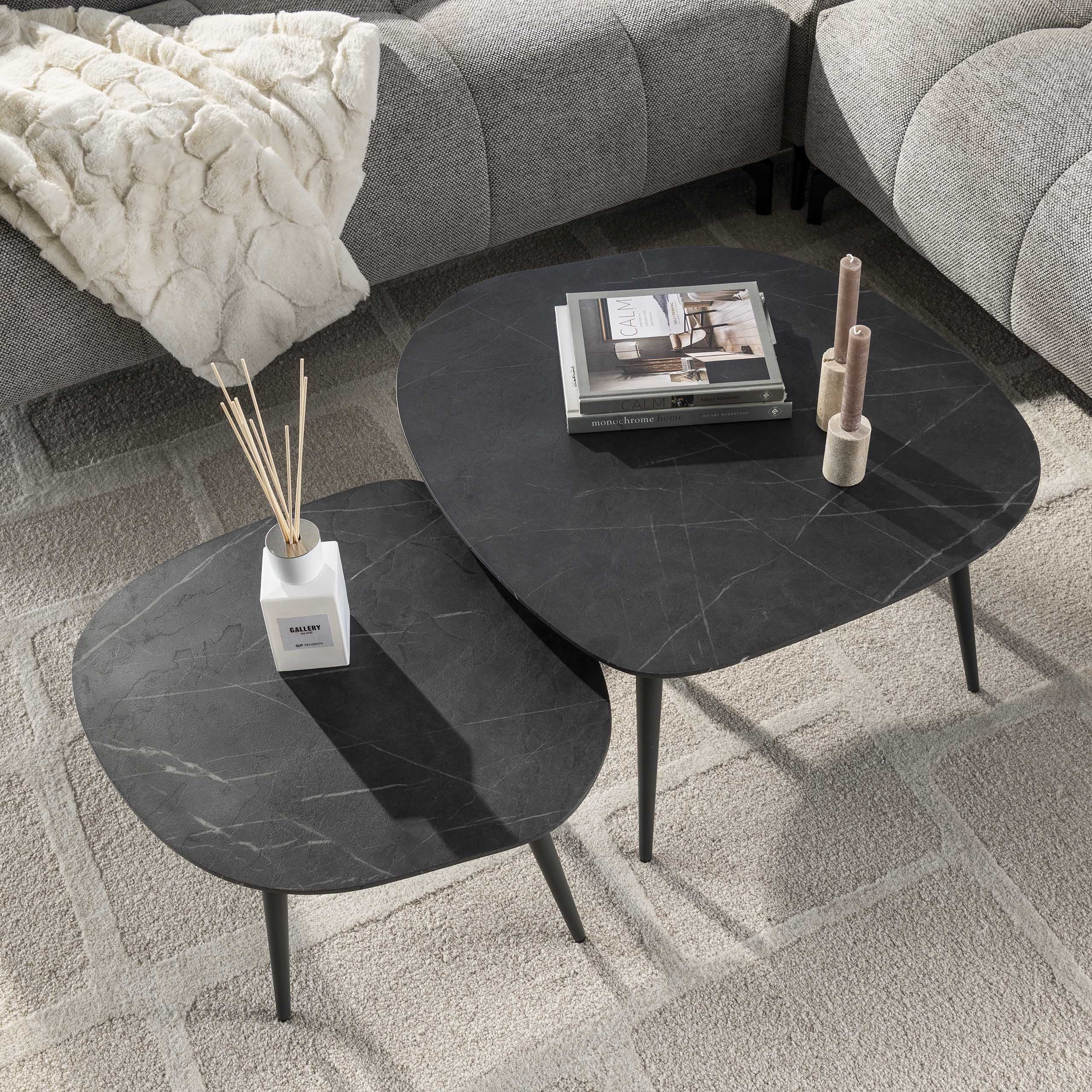 Couchtisch Virelle - 2er Set aus Melamin in Keramikoptik und einem Gestell aus Stahl