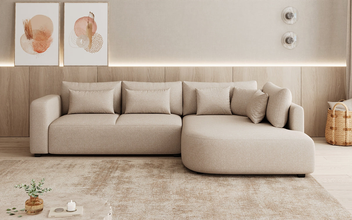 Designer Ecksofa Ando mit breiter Ottomane in Strukturstoff