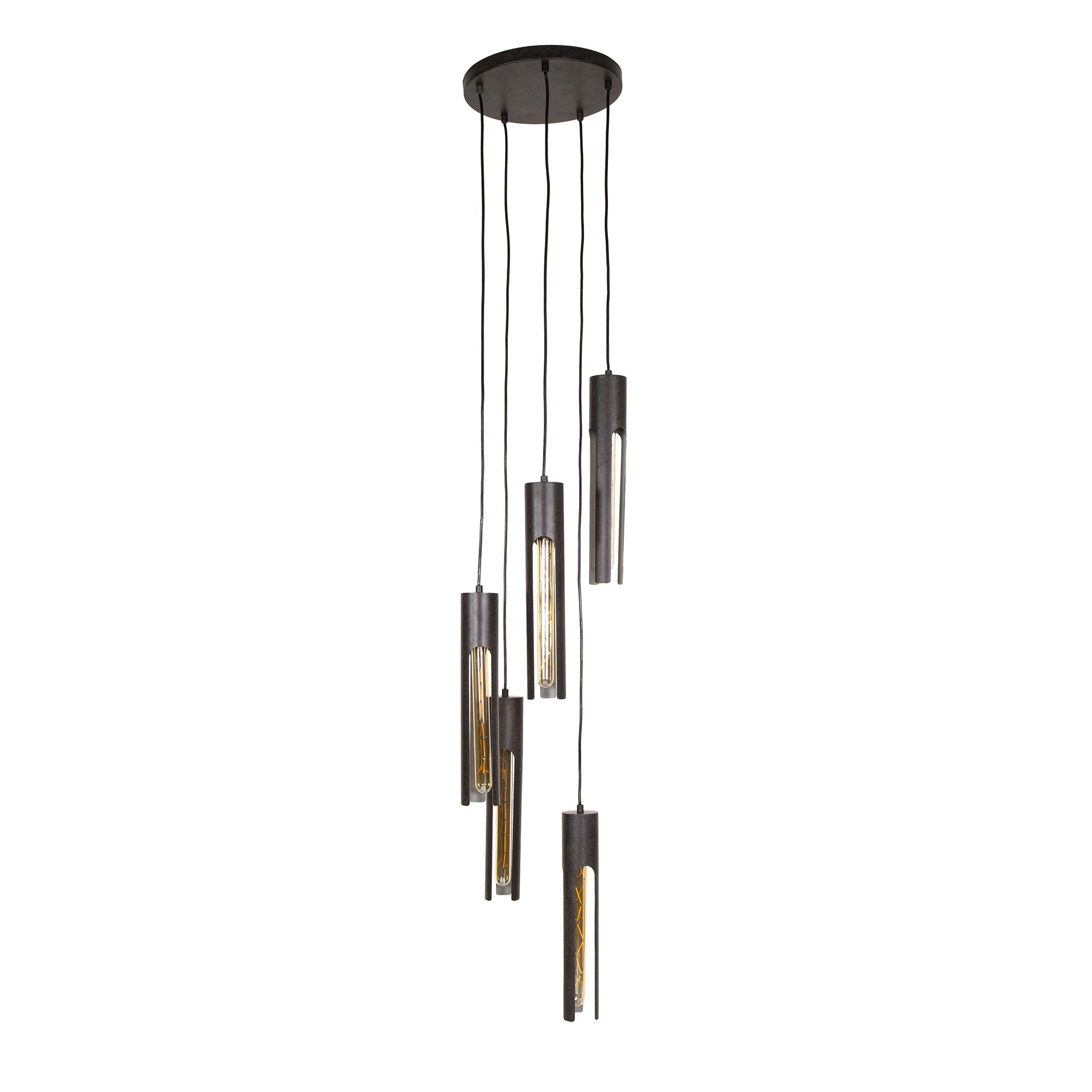 Pendelleuchte „Fenora“ – Gestuft mit 5 Leuchten in schwarzem Tube-Design