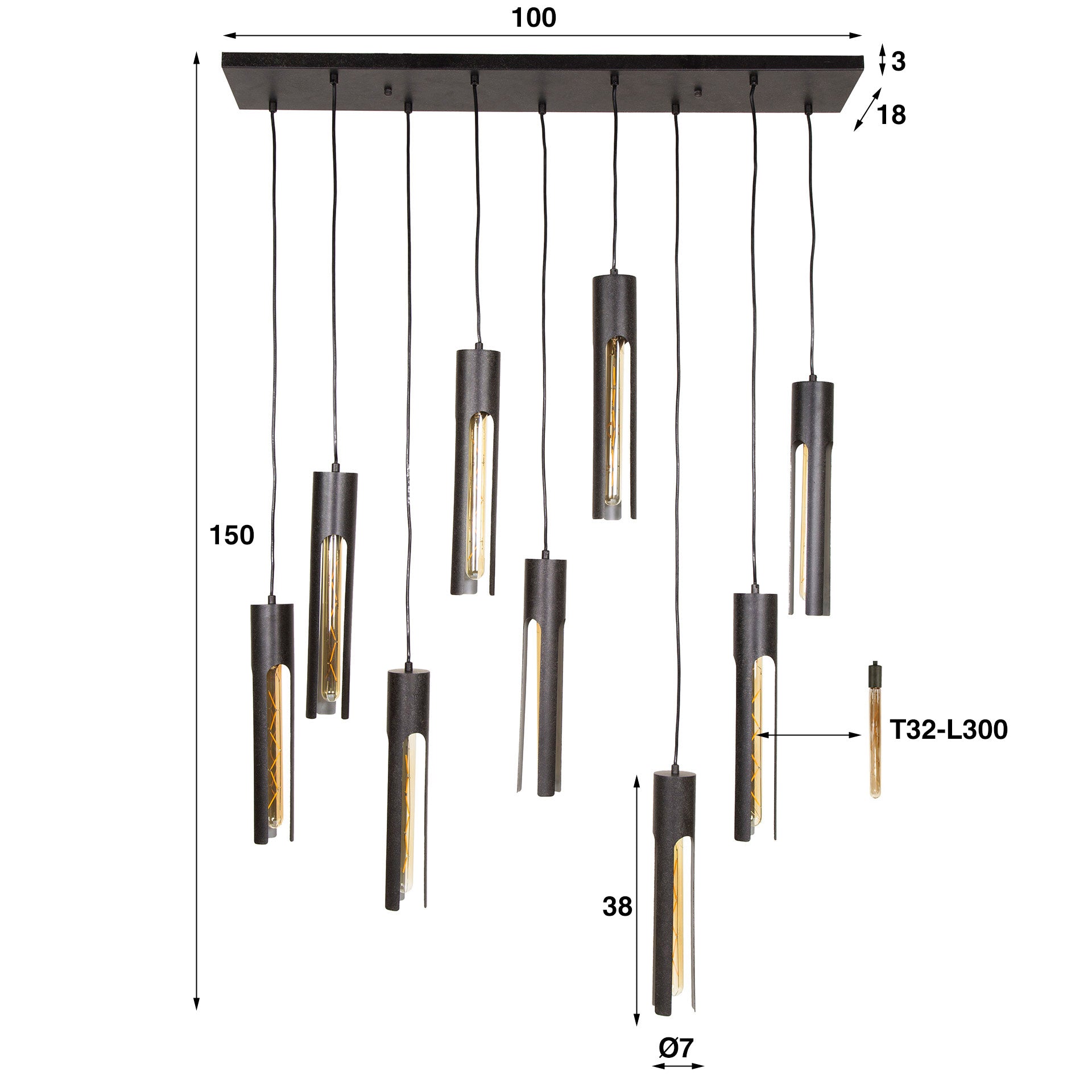 Pendelleuchte „Aveline“ – Mit 9 Leuchten in edlem, schwarzen Tube-Design