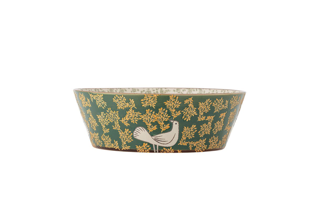 Schale Hania – handbemalte Steingutschale in Grün mit Vogelmotiv