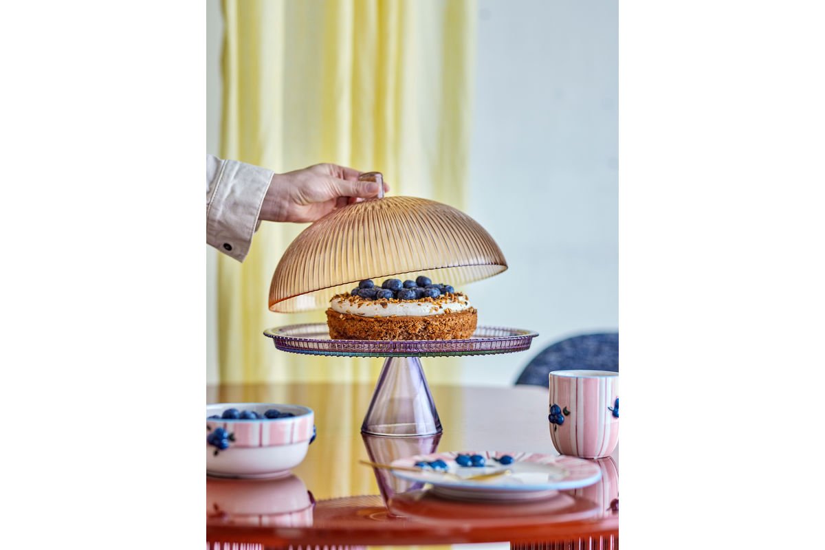 Kuchenteller Liréa mit Glasglocke – Farbverlauf mit feiner Riffelung