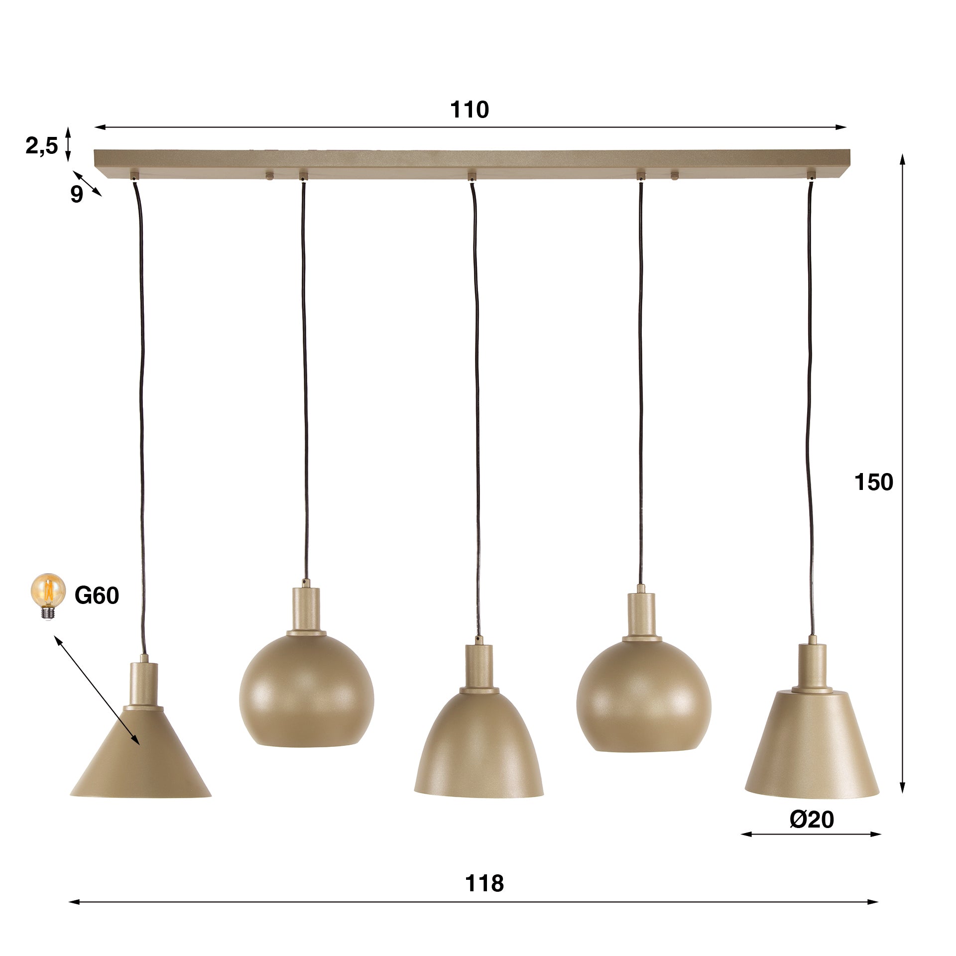 Pendelleuchte "Lumiselle“ – 5 Leuchten aus Metall in unterschiedlichen Formen in Beige oder Bronze