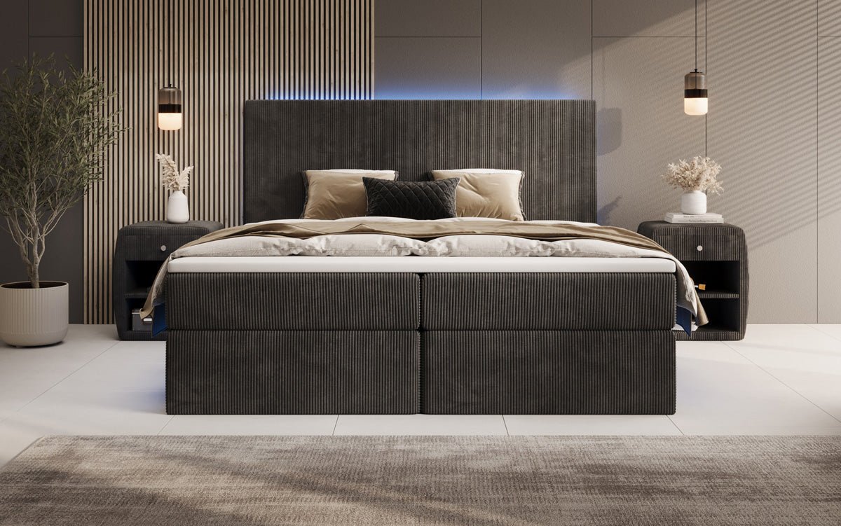 Boxspringbett Voyage mit LED u. Stauraum in Cord