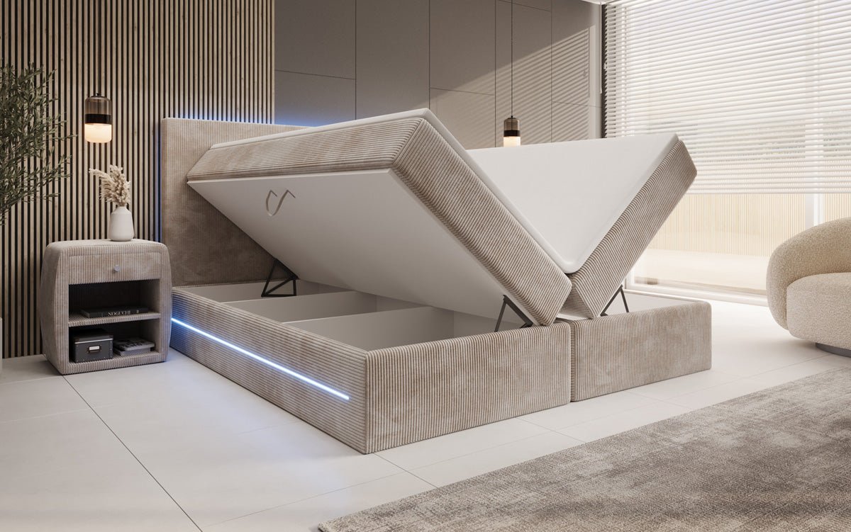 Boxspringbett Voyage mit LED u. Stauraum in Cord
