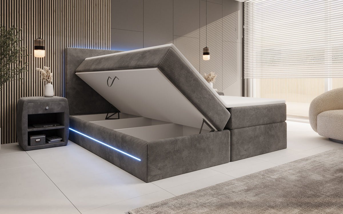 Boxspringbett Voyage mit LED u. Stauraum in Cord