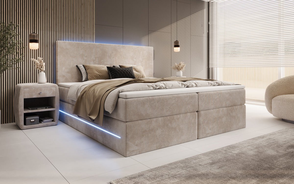 Boxspringbett Voyage mit LED u. Stauraum in Cord