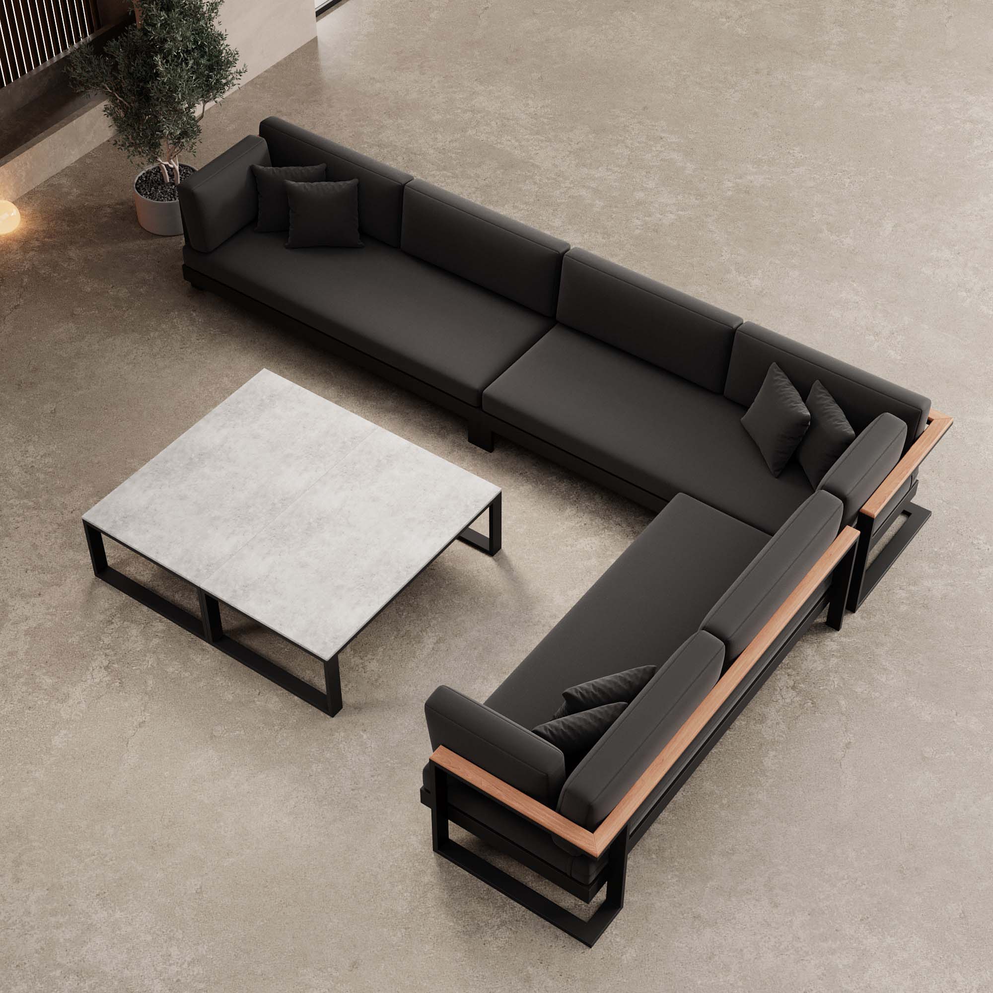 Vayla – Wohnlandschaft mit Doppeltisch & Ecksofa aus schwarzem Aluminium | Aevora™ Kollektion