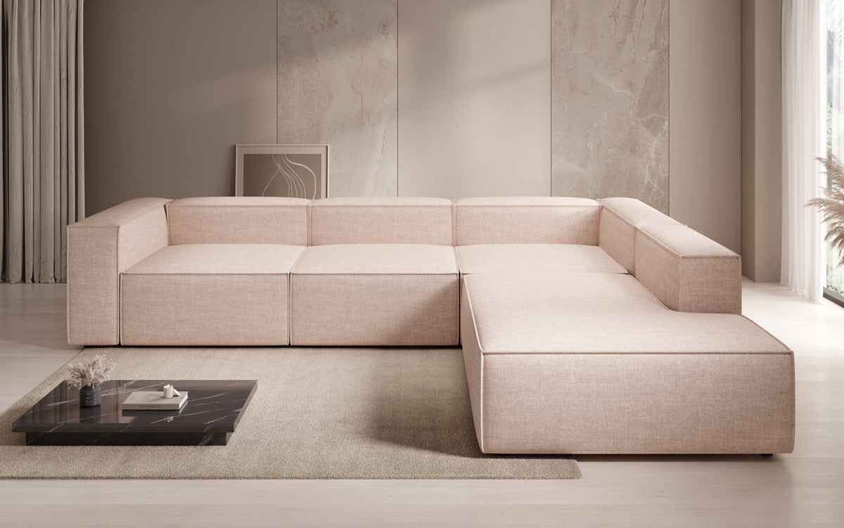 Designer Ecksofa Lesley mit langer Ottomane in Leinen-Optik