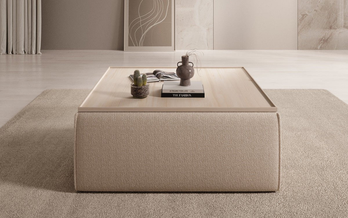 Beistellhocker/Couchtisch Lesley mit Stauraum in Bouclé