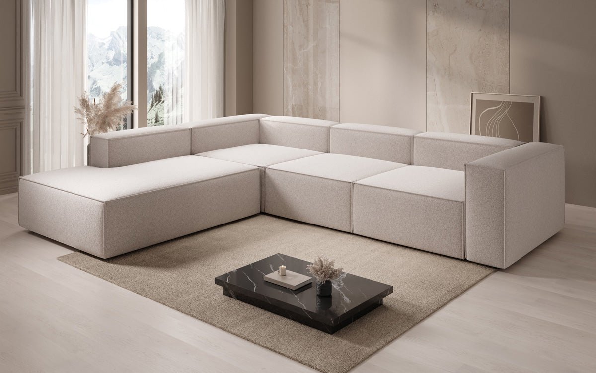 Designer Sofa Lesley L mit langer Ottomane in Strukturstoff