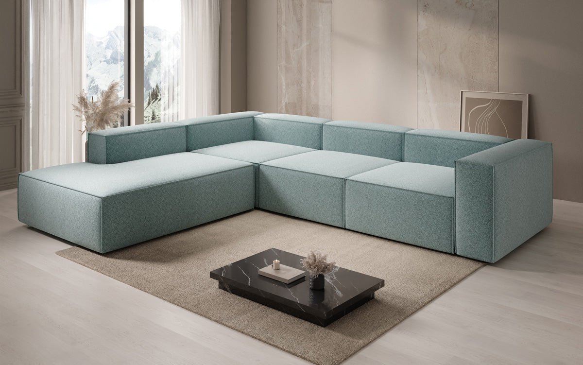 Designer Sofa Lesley L mit langer Ottomane in Strukturstoff