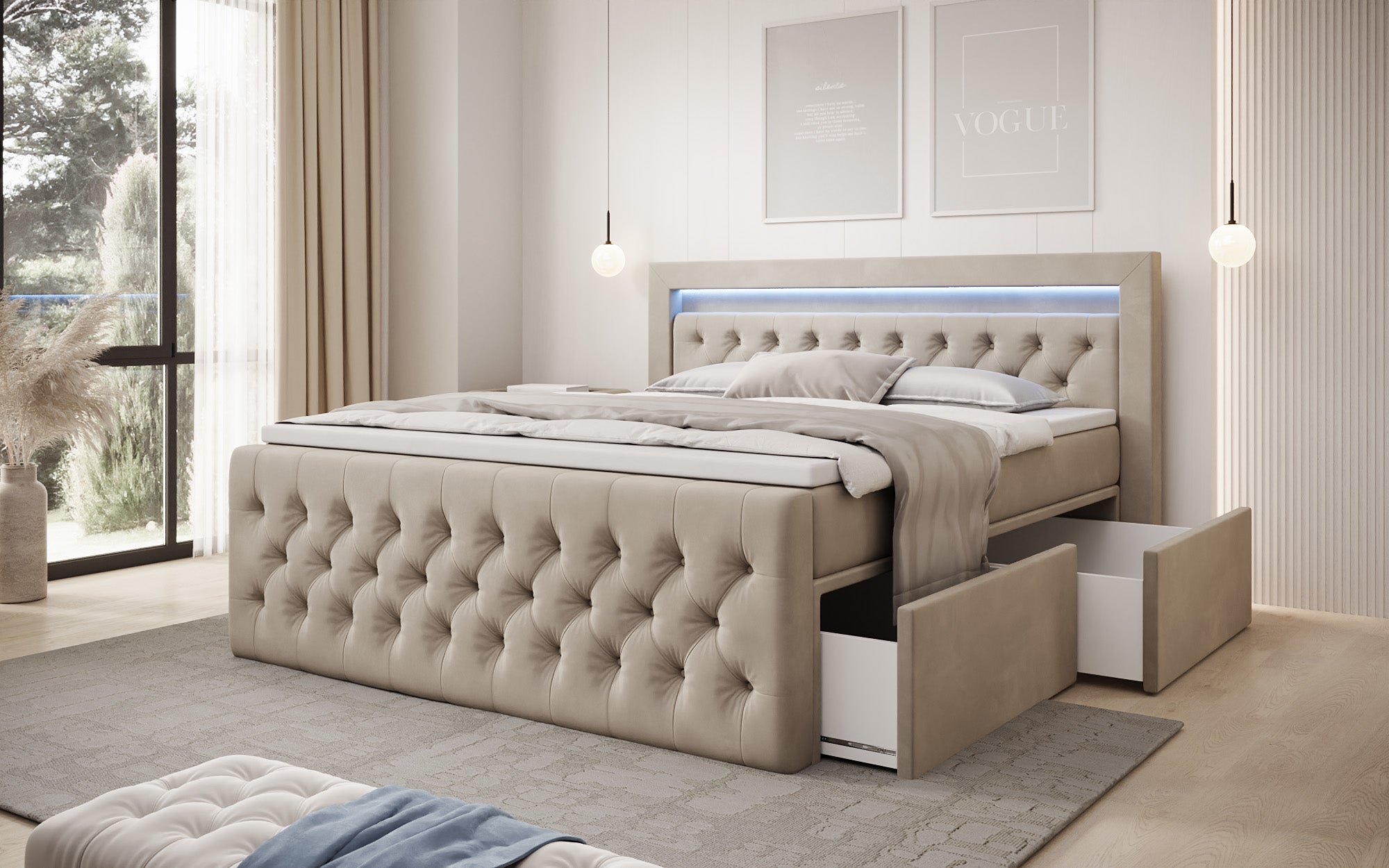 Boxspringbett Menzogna Samt mit LED und Stauraum (2 Schubladen)