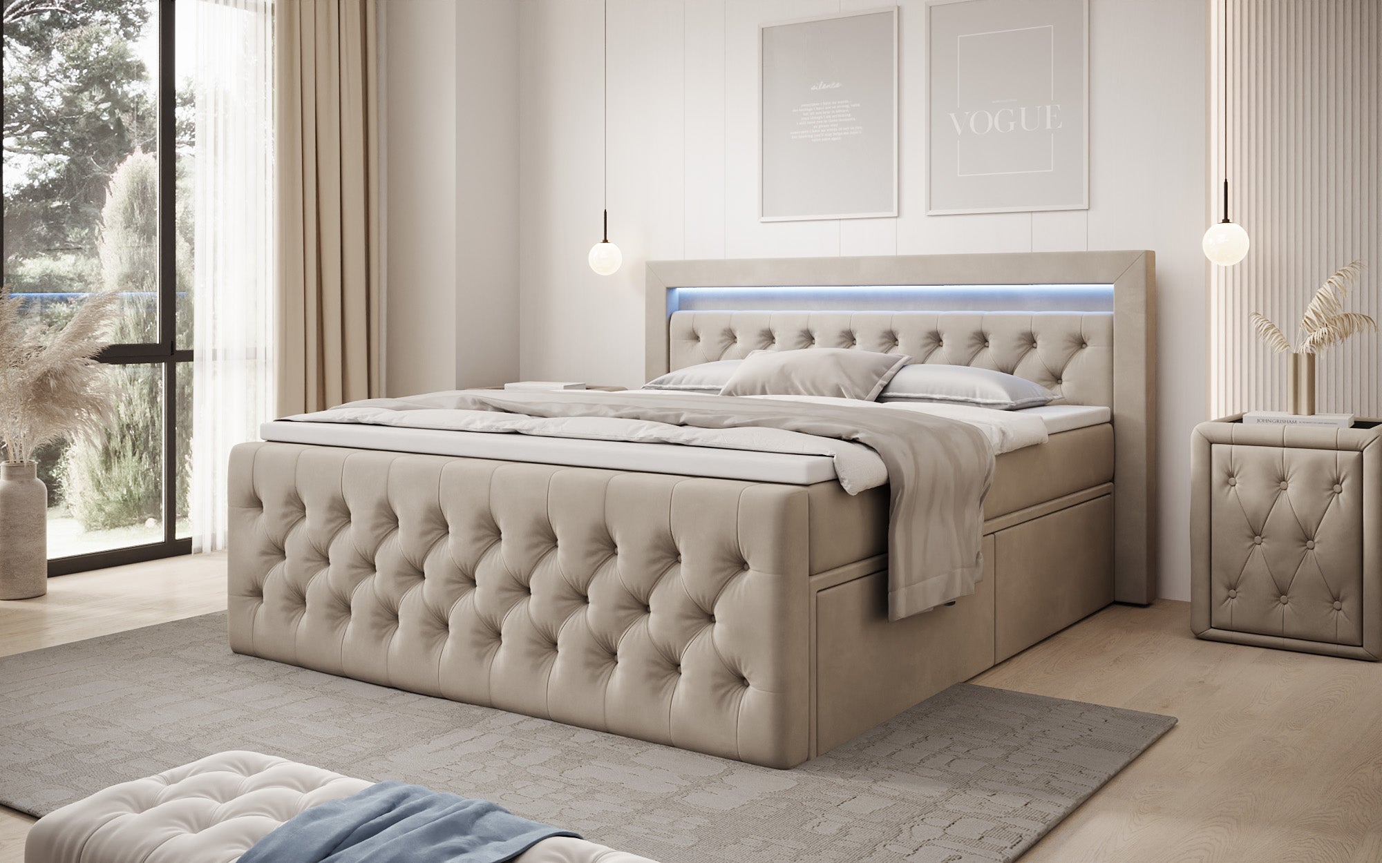 Boxspringbett Menzogna Samt mit LED und Stauraum (2 Schubladen)