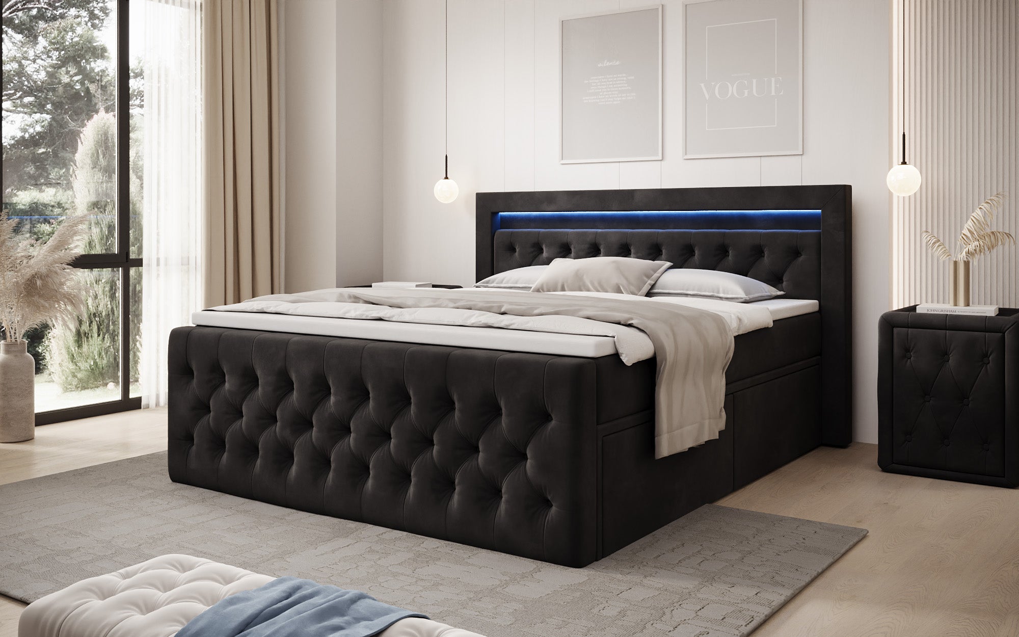 Boxspringbett Menzogna Samt mit LED und Stauraum (2 Schubladen)