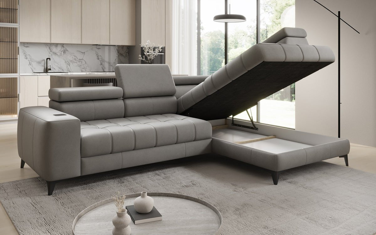 Designer L Sofa Seluna mit elektrischer Schlaffunktion, Induktion und Stauraum in Echtleder