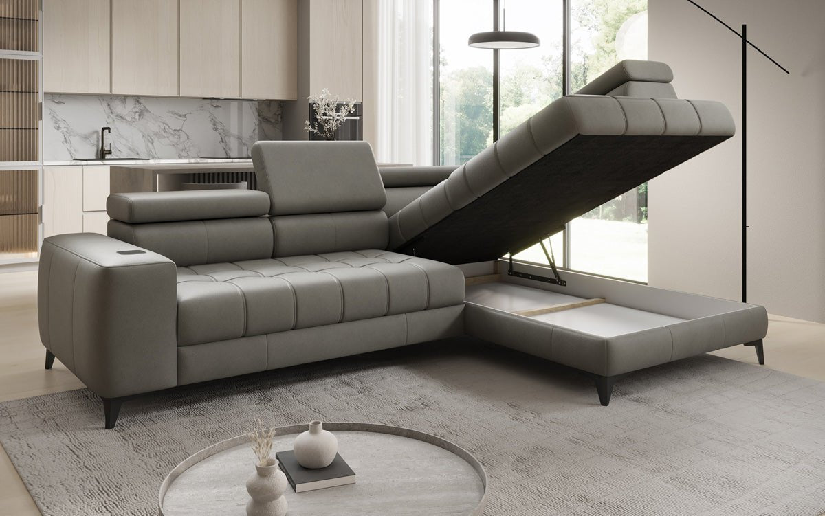 Designer L Sofa Seluna mit elektrischer Schlaffunktion, Induktion und Stauraum in Echtleder