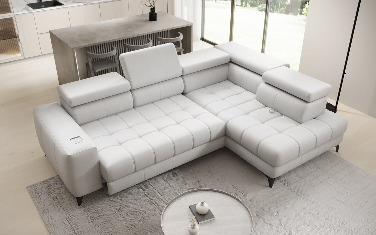 Designer L Sofa Seluna mit elektrischer Schlaffunktion, Induktion und Stauraum in Echtleder