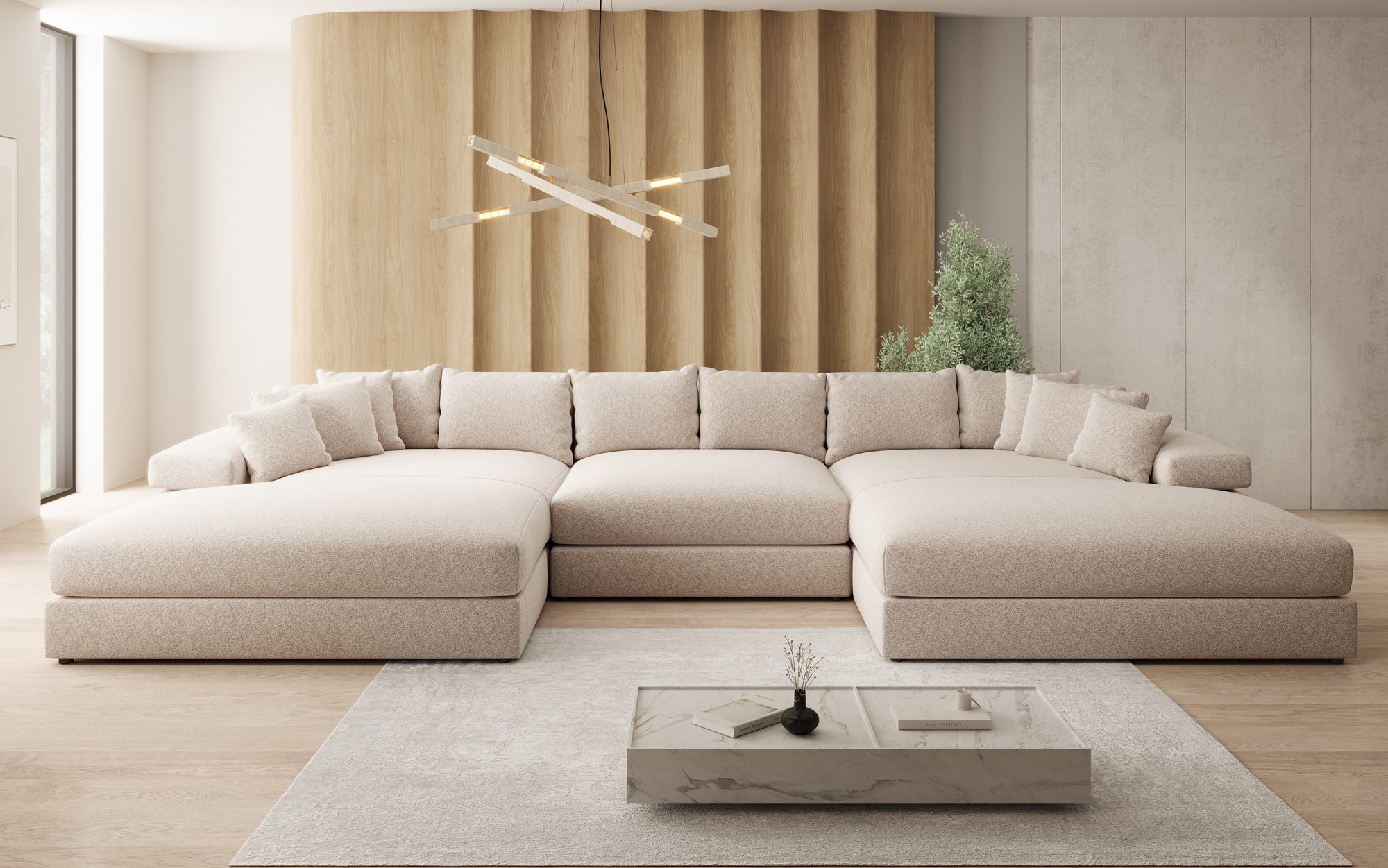 Designer Sofa Bernardo U mit breiter Ottomane in Strukturstoff
