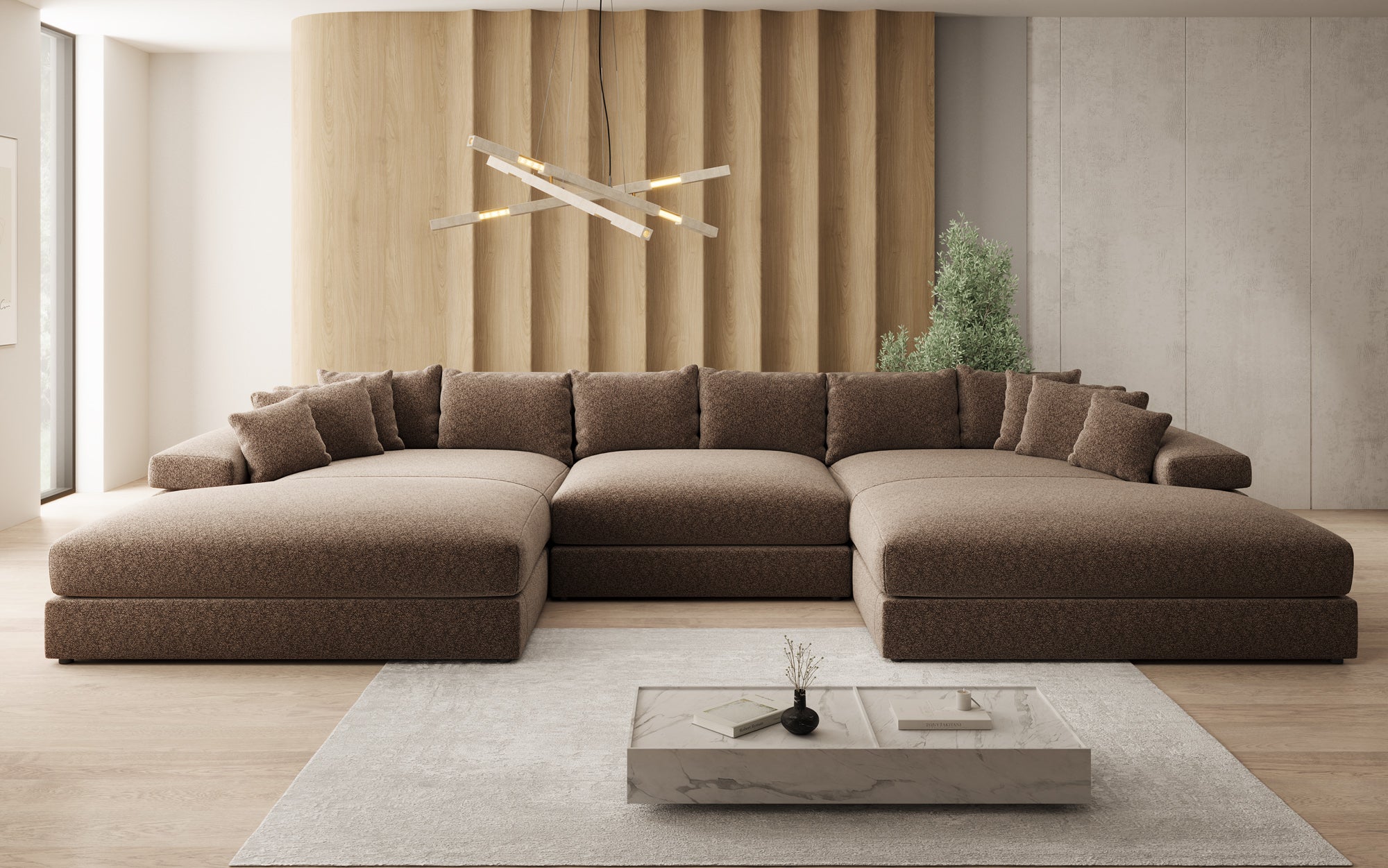 Designer Sofa Bernardo U mit breiter Ottomane in Strukturstoff