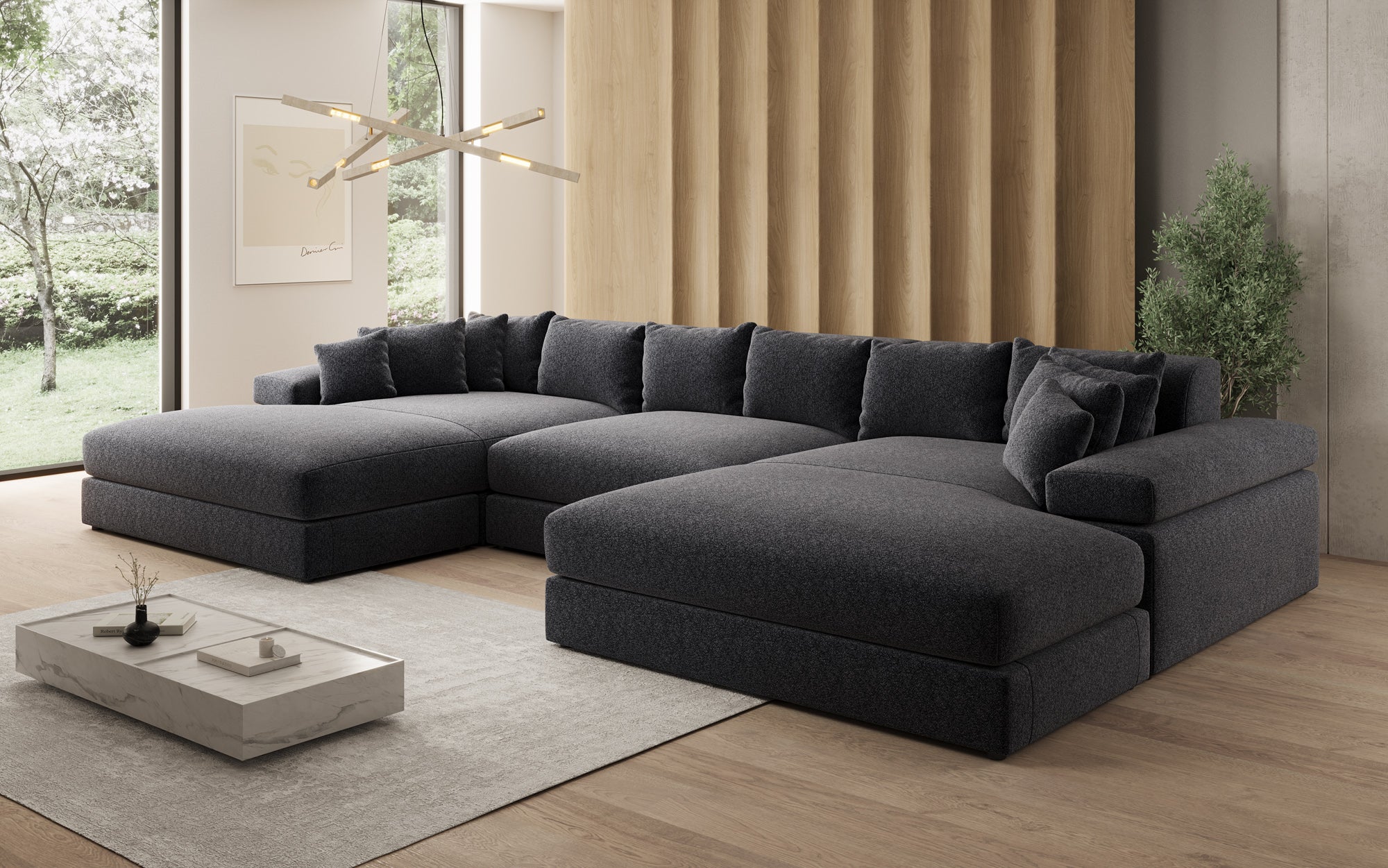 Designer Sofa Bernardo U mit breiter Ottomane in Strukturstoff