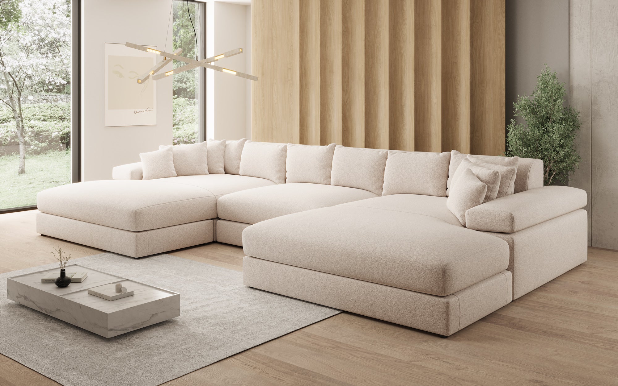 Designer Sofa Bernardo U mit breiter Ottomane in Strukturstoff