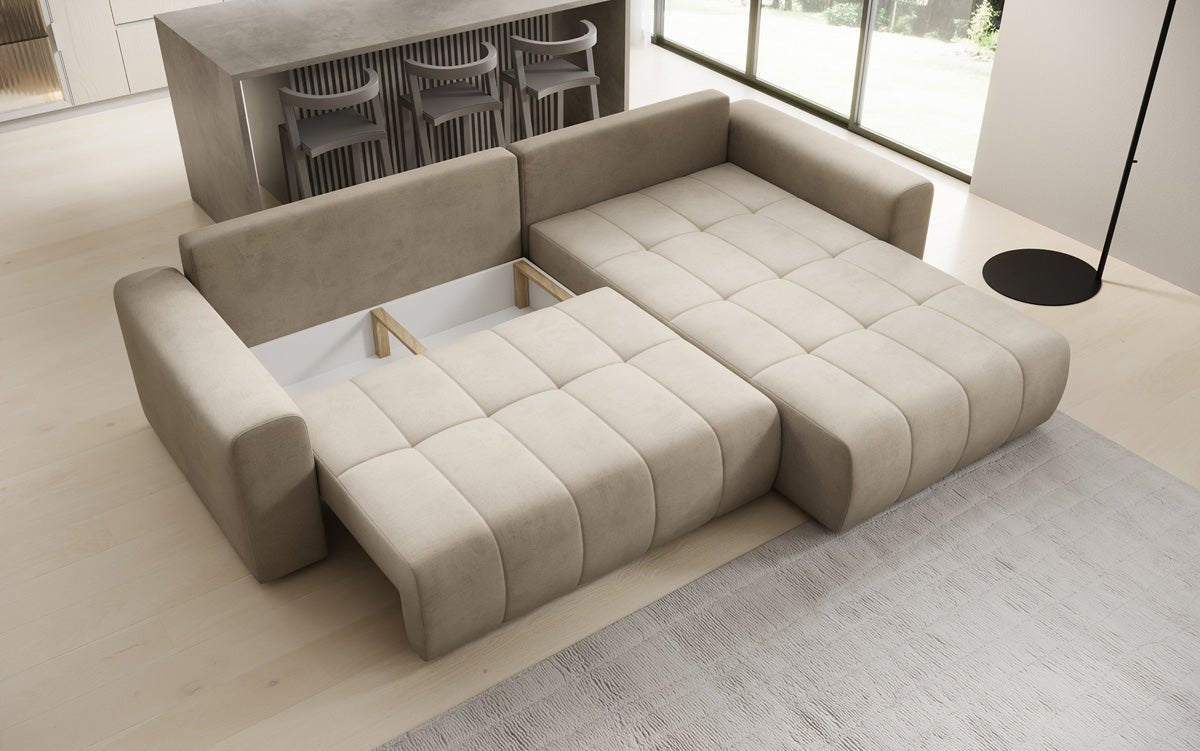 Designer Sofa Leveno L mit Schlaf- und Klappfunktion in Samt