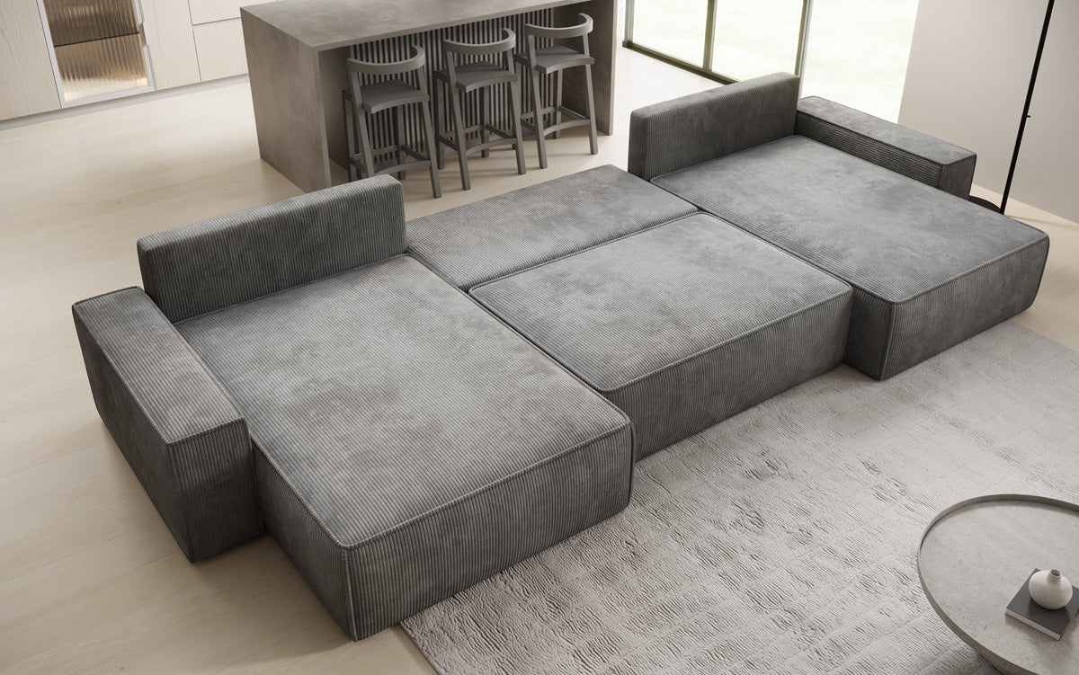 Designer Sofa Lunaro U mit Schlaffunktion und Stauraum in Cord