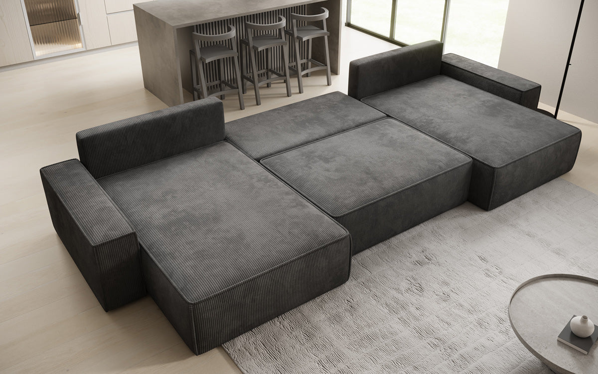 Designer Sofa Lunaro U mit Schlaffunktion und Stauraum in Cord