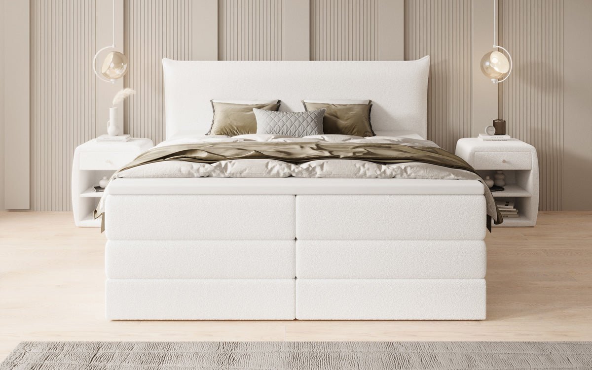 Boxspringbett Liana mit hochklappbarem Stauraum in Teddy Bouclé