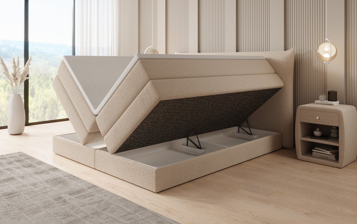 Boxspringbett Liana mit hochklappbarem Stauraum in Teddy Bouclé