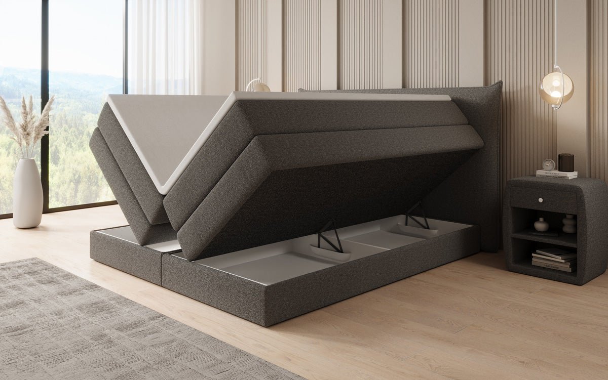 Boxspringbett Liana mit hochklappbarem Stauraum in Teddy Bouclé