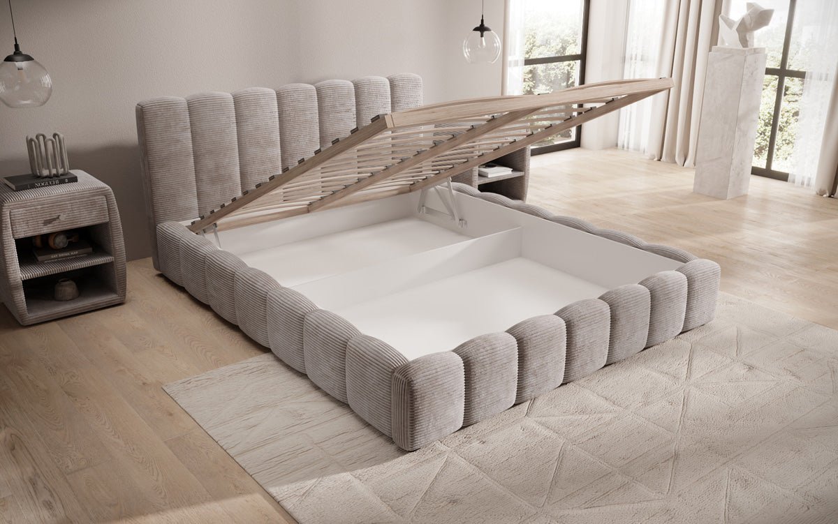 Designer Polsterbett Nuveo in Cord mit Stauraum